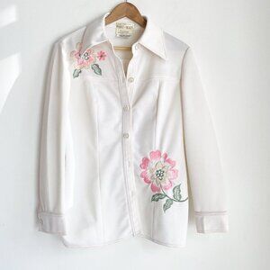 Vintage 70s Pant Man White Polyester Pink Floral Shirt w Dagger Collar M/L